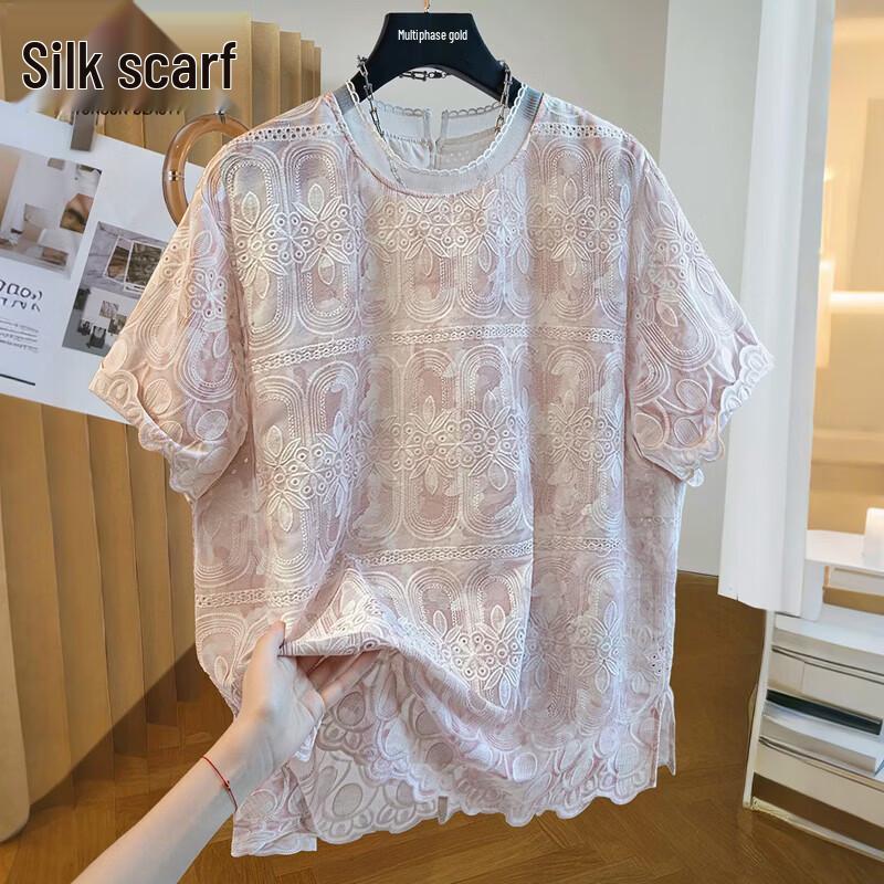 Women s Embroidered Lace Round Neck Blouse L
