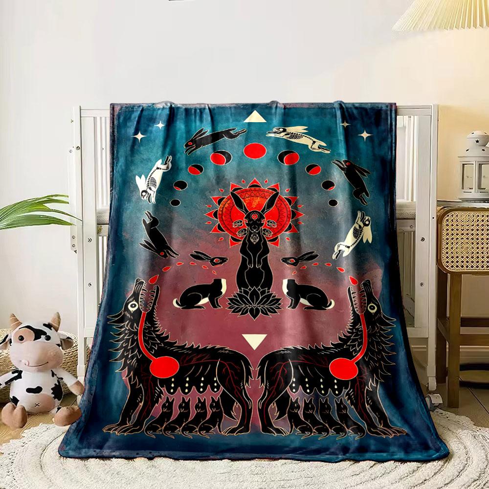 Symmetrical wolves, rabbits, and celestial motifs in vibrant colors. for all seasons blanket lunch break throw gift 80cm x 120cm