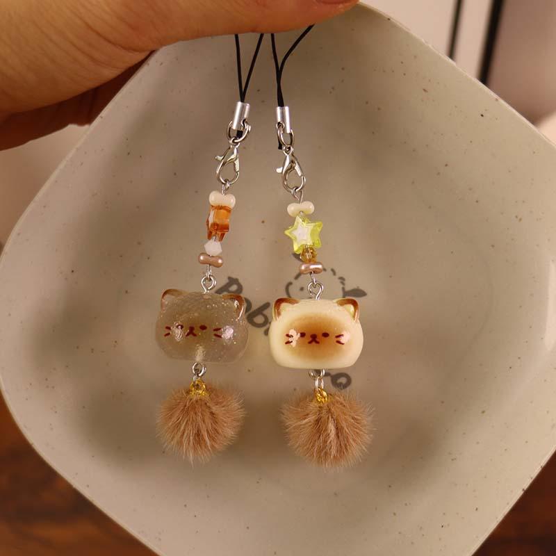 Cute Fluffy Cat Phone Charm with Pompom Tail 3D Kitten Keychain Bag Pendant Creative Cartoon for Girls