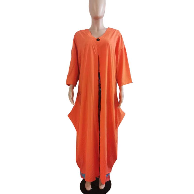 Women's Loose Large Size Three-quarter Sleeve V-neck Button Printed Robe Drawstring Trousers Two-piece Set