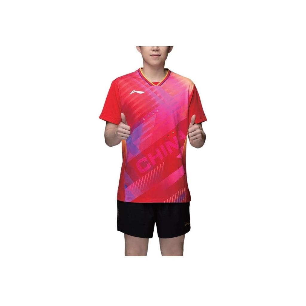 Li Ning Table Tennis Series Logo Print Short Sleeve T-Shirt Unisex Tops Cherry-Blossom-Red AAYU037-3