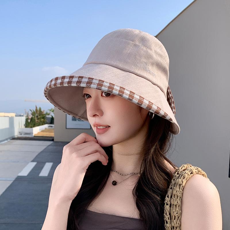 Spring and Summer Sun Hat for Children, Korean Version Checkered Bow Fisherman Hat, Outdoor Sun Hat