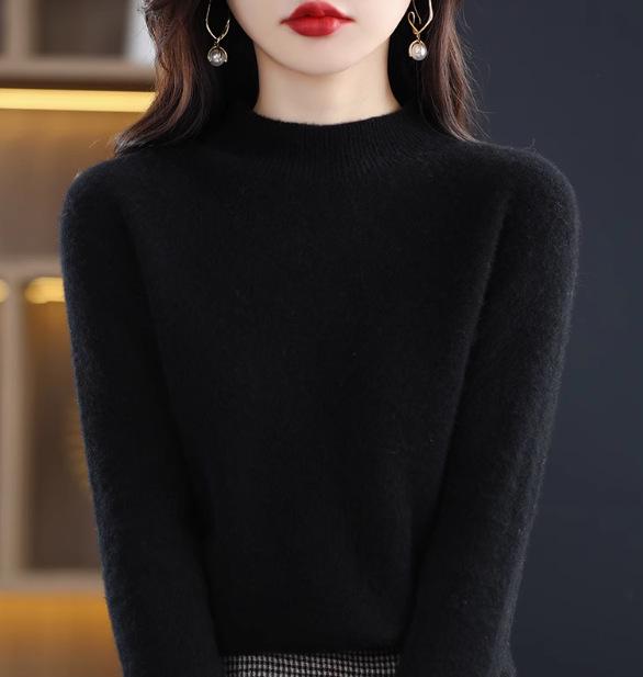 2024 Fall/Winter Women's 100% Wool Semi-High Neck Loose Knitted Sweater