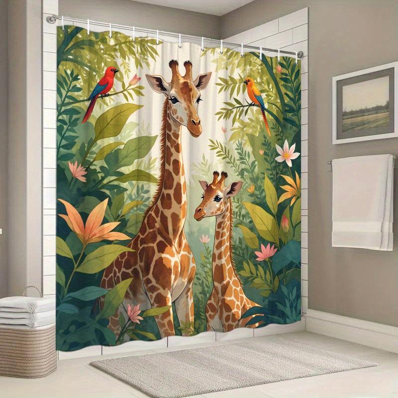 Giraffes in Jungle Scene Shower Curtain, Vibrant Wildlife Design, Lush Greenery and Exotic Flowers