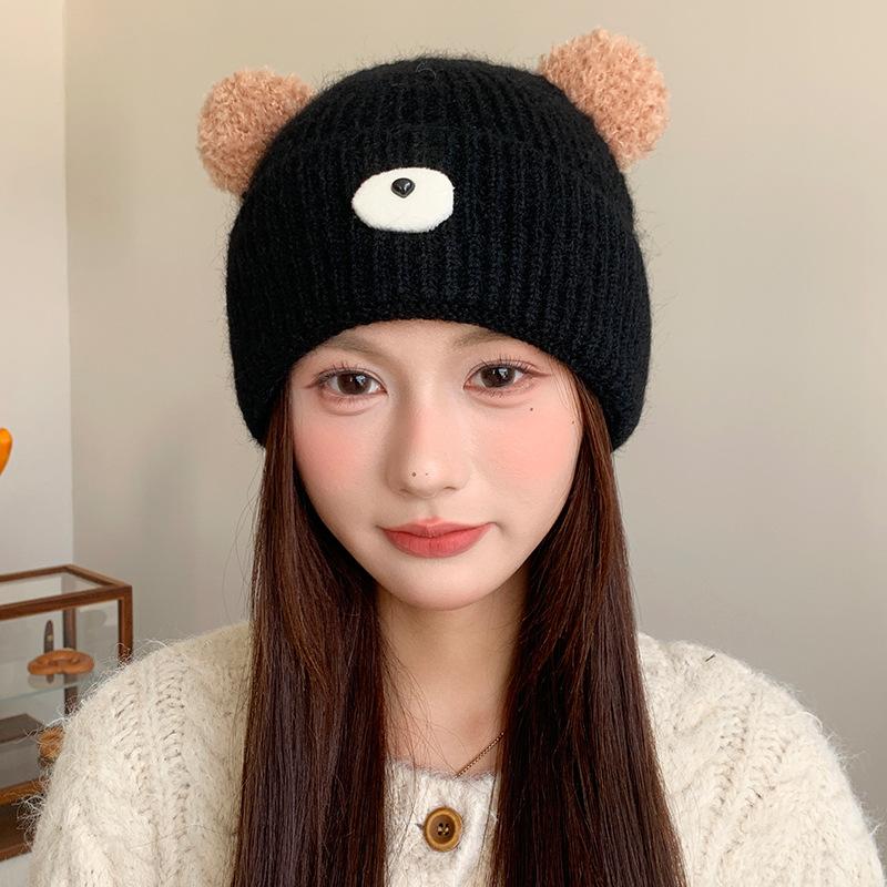Japanese Cute Bear Hat Women's Autumn and Winter Knitted Hat Large Head Circumference Plus Velvet Cold Proof Woolen Hat Warm Ear Protection Hat