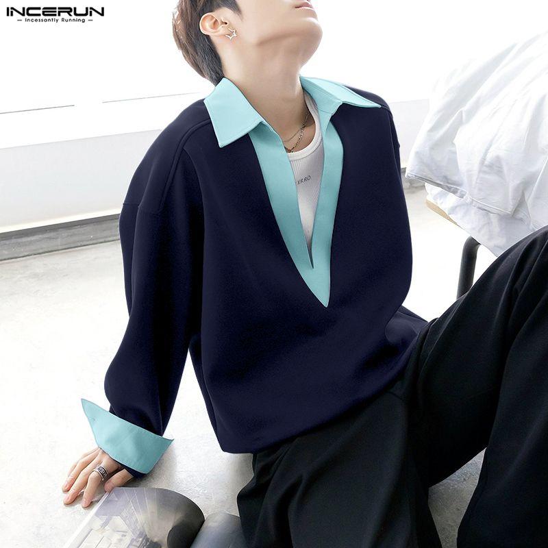 INCERUN Oversized Spring Men Deep V Neck Casual Long Sleeve Stitching Pullover T-shirts Tops