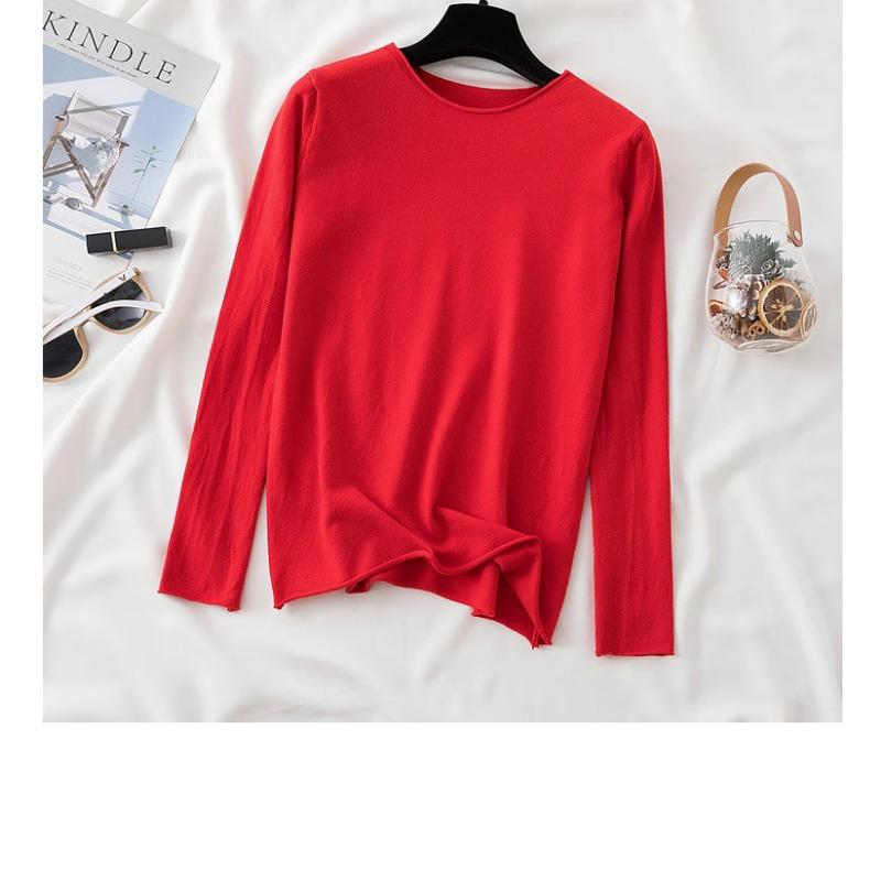 

Новый повседневный вязаный свитер с круглым вырезом и длинными рукавами для женщин, корейская мода, рубашка с длинными рукавами, внутренняя осенняя облегающая повседневная базовая одежда 2171 One Size красный