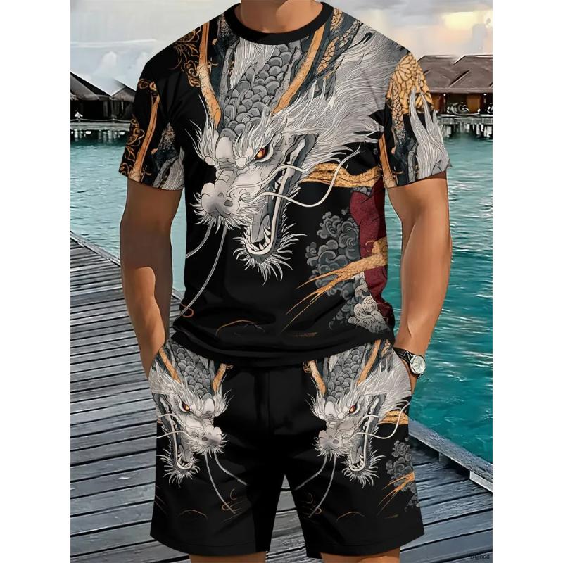 Fashion Men's Casual Suit 3D Casual Color Printing Summer T-shirt Shorts Simple