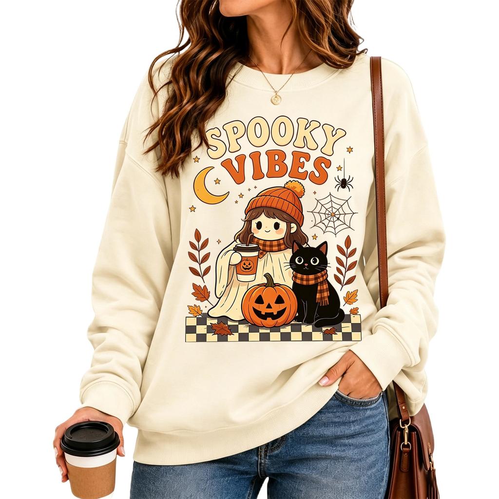 Women's Fashion Casual Long Sleeve Halloween Print Round Neck Top for Party Wear