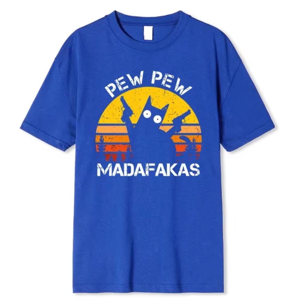 Pew Pew Madafakas Cat Two-Gun Printing for Men, Cotton Breathable T Shirts, Loose Clothes, Hip Hop Street T-shirt, Summer
