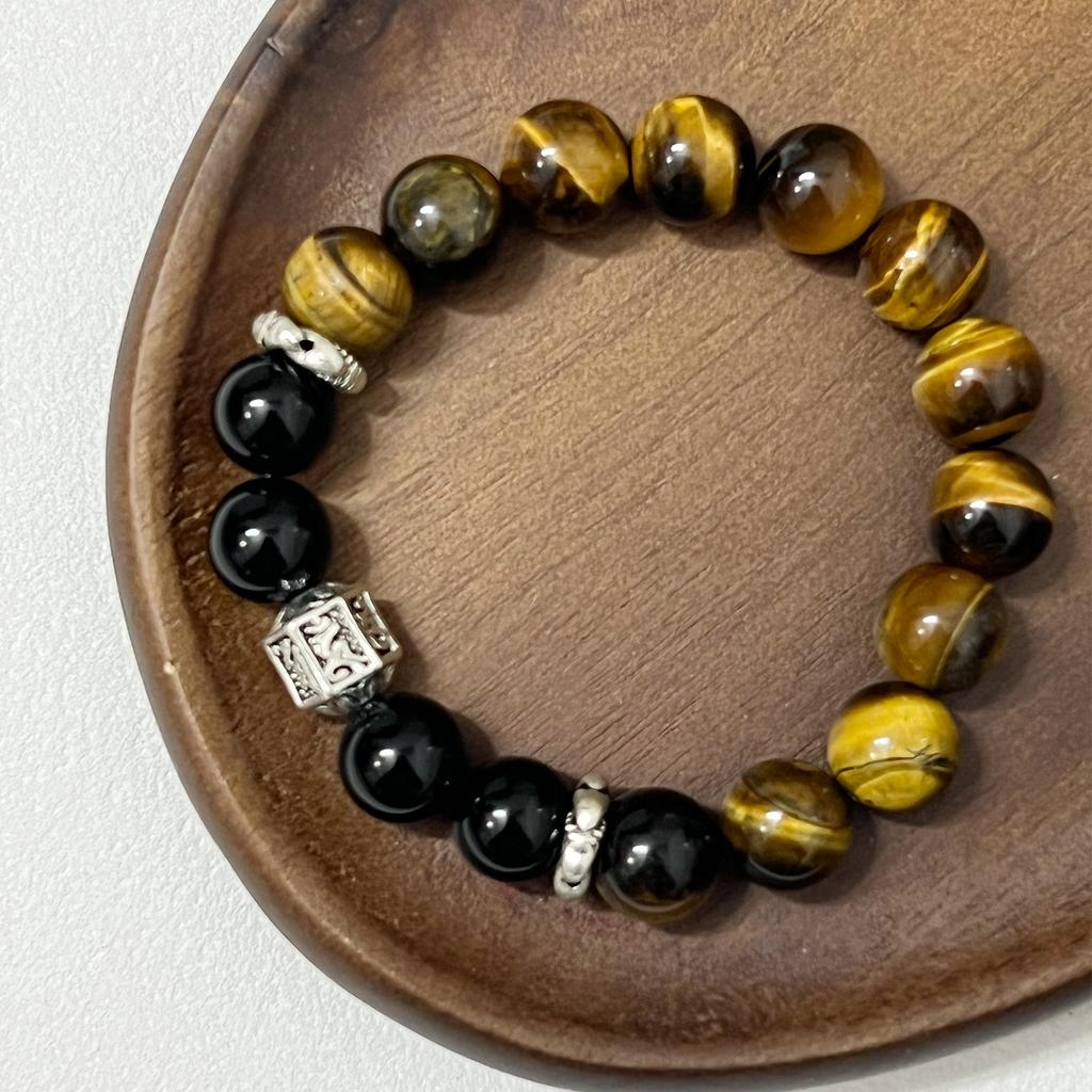 Men’s Beaded Bracelet Tiger Eye Natural Stone 12mm Round Beads Stretch Obsidian Bangle DIY Jewelry Gifts
