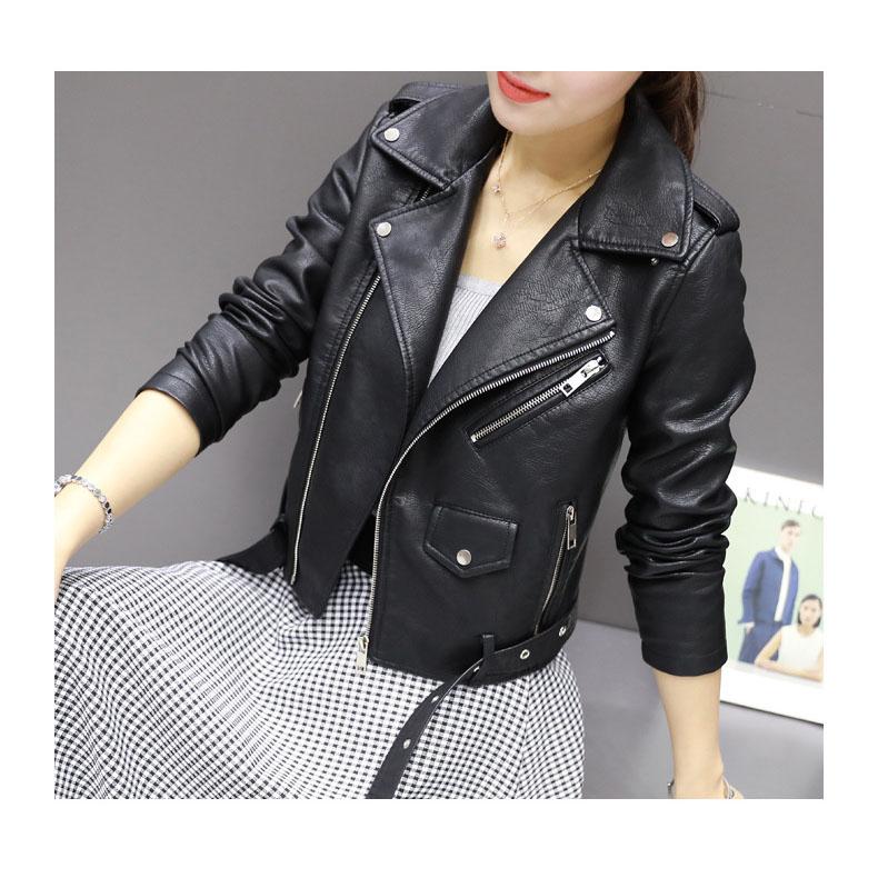 Solid with Belt Zipper Biker Coat Spring Autumn Women Faux Leather Jacket Ladies Casual Outwear Plus Size