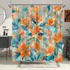 1Pc Extra Long Floral Shower Curtain - Orange Lilies & Green Leaves On Pastel Blue & Yellow Background, Impressionistic Brushstr