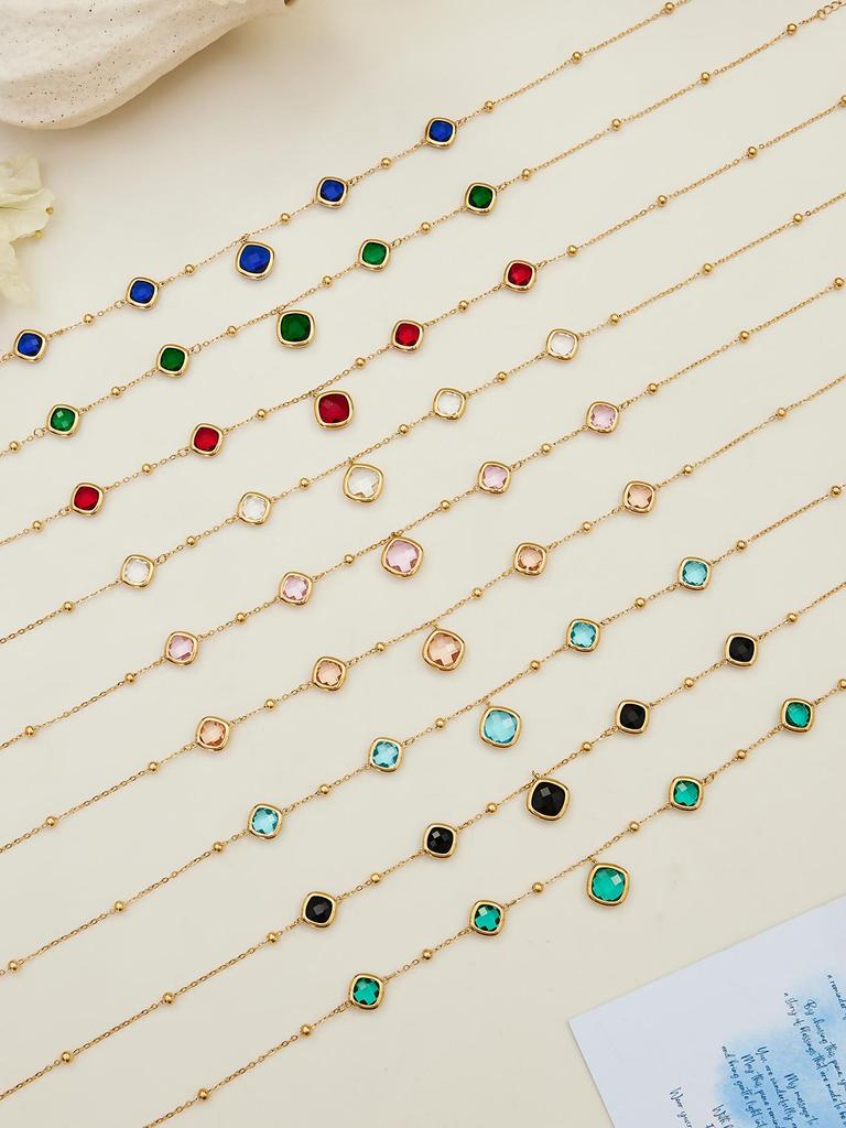 Geometric Glass Stone Earrings & Stainless Steel Bead Necklace Bracelet Set - Multi-color Patchwork Jewelry