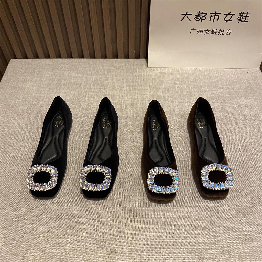 Fashion Flat Shoes for Women Spring and Autumn of 2025 New Suede Diamond Square Toe French Shallow Mouth Flat Shoes Plus Size 43 44