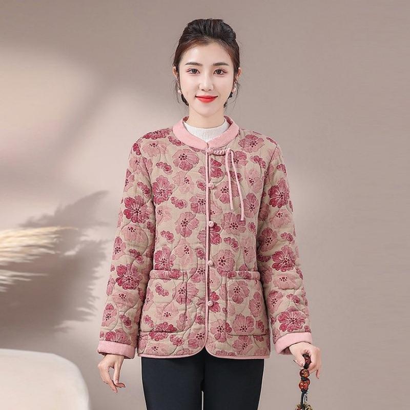 Medium and old disc buckle stand-up collar padded jacket for women's winter new retro printing padded padded padded jacket padded jacket