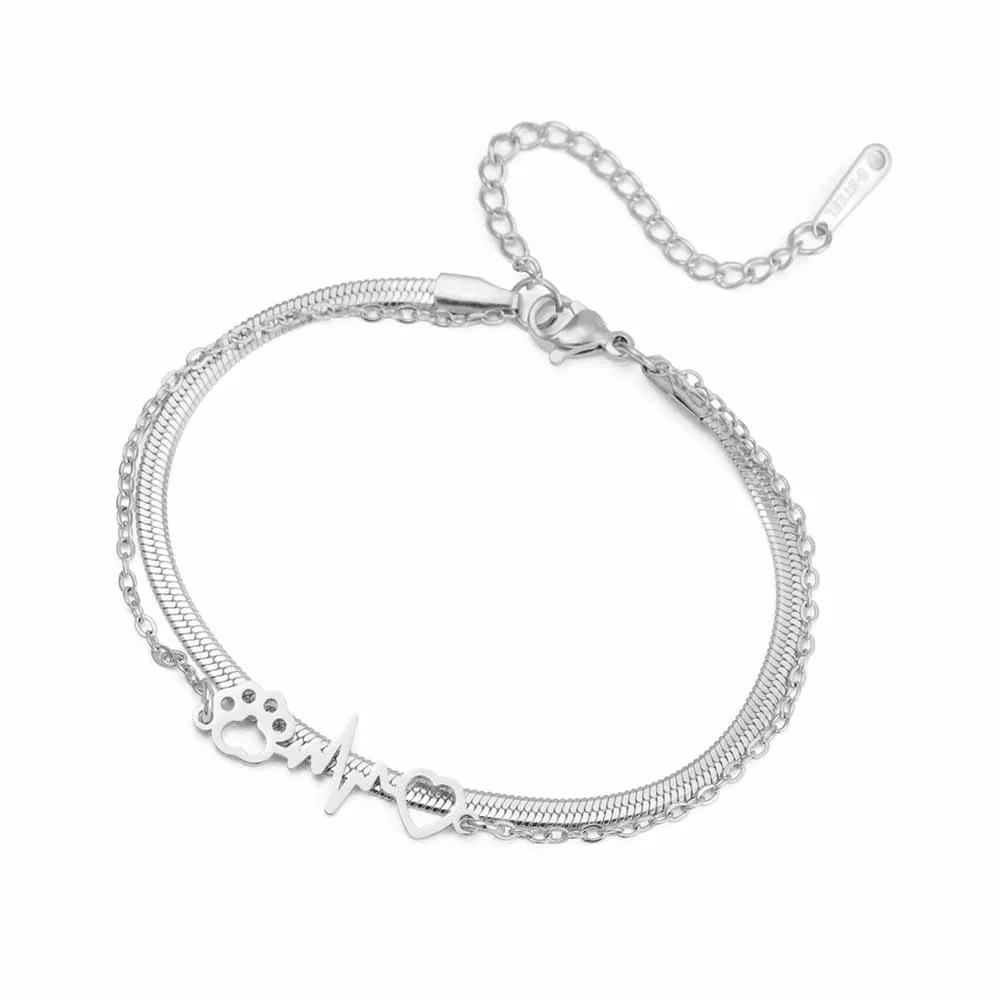 

Heartbeat ECG Cat Paw Pendant Bracelet For Women Wax Cord Jewelry Gift