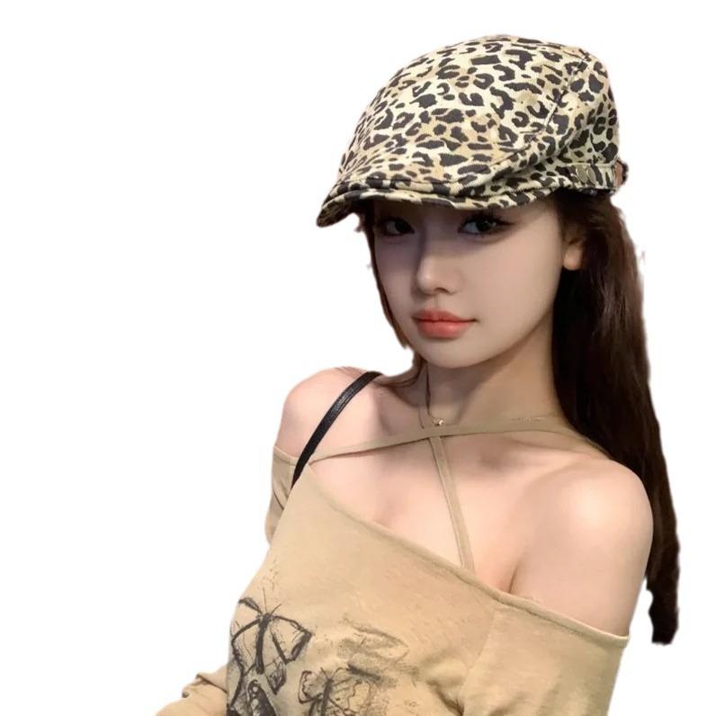 Women's Spring Summer Vintage Leopard Print Newsboy Cap Stylish Hot Girl Duckbill Beret Cool Hat