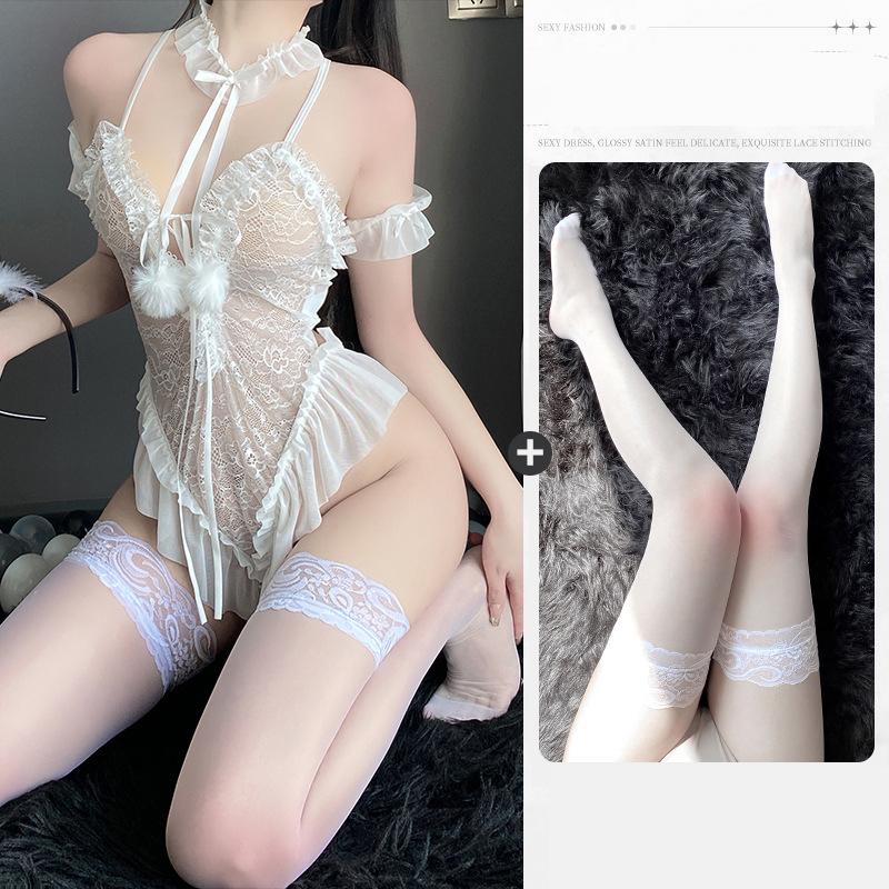 Sexy Crotchless Lingerie Women Hollow Lace Open Porno Bodysuit Erotic Pajamas Teddy Babydoll Dress Deep V Open Bra Underwear Set