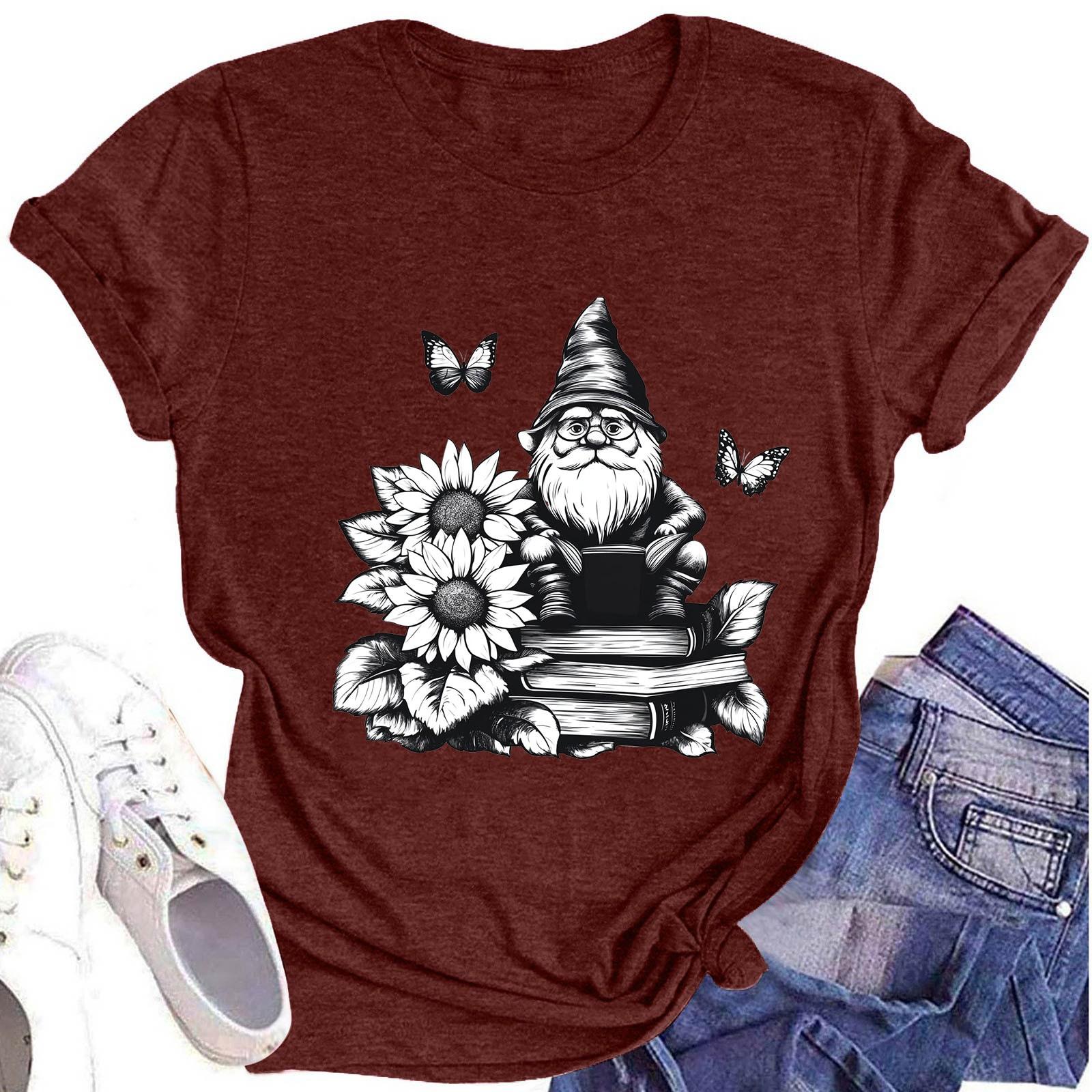 

Женская модная футболка с круглым вырезом и коротким рукавом с принтом гнома и цветочным принтом XXL винный