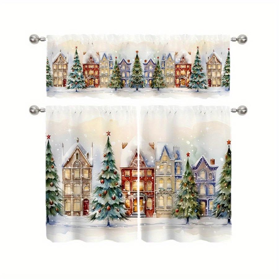 Christmas Town Watercolor Street Kitchen Curtain, Winter Holiday Decor Rod Pocket Tier Curtains for Kitchen Window