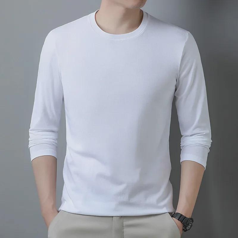 Men's 100% Polyester Long-Sleeve Round Neck T-Shirt - Solid Color, Casual & Versatile for Spring & Autumn.