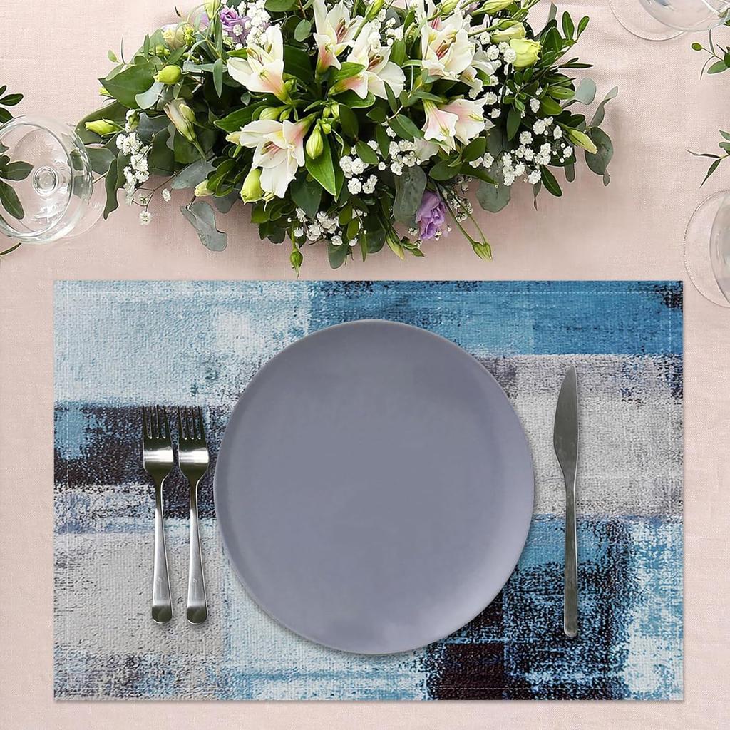 Blau-Graues Ombre Kunst-Tischset Set of 4 Modern Abstrakt Geometrische Blöcke Tischmatten 12x18 Zoll für Küchen-Esstisch-Dekoration Hitzebeständig Wasser