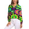 Helle Flower Power Bluse Retro Hippie Blumen Trendige Bedruckte Blusen Damen Langarm Freizeithemden Frühling Übergroße Kleidung