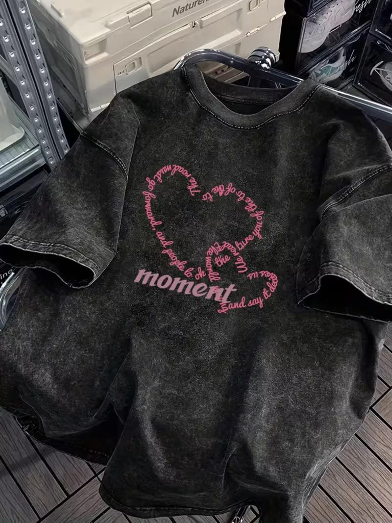 

Pink Heart Letter Graphic TShirt Washed Black Girly Inspirational Quote Casual Crew Neck Short Sleeve for Women Men Daily Wear S