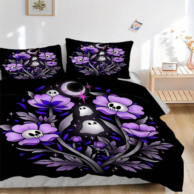 3pcs Skeleton Ghost Flower Printed Bedding Set, Soft and Comfortable Quilt Cover for Bedroom, Guest Room (1 Duvet Cover + 2 Pillowcases, Pil