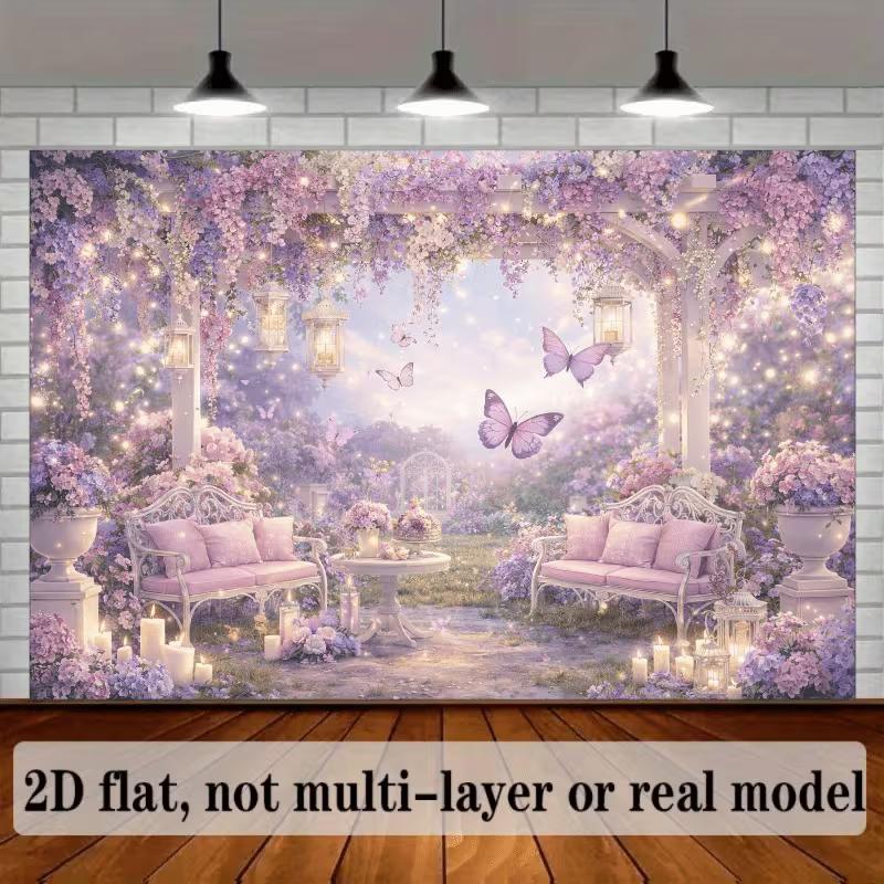 

2D Purple Floral Gazebo Backdrop with Butterflies & Lights for Wedding & Party Photography Background 47.2x31.5inch/120*80cm