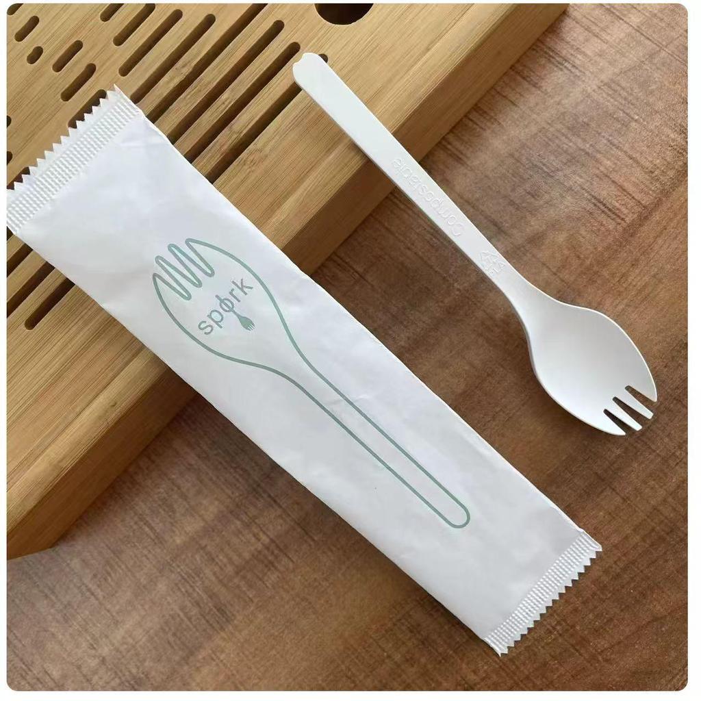 Set di posate biodegradabili in PLA: Coltello, Forchetta, Cucchiaio, Confezionati Singolarmente per Dolci e Pasti