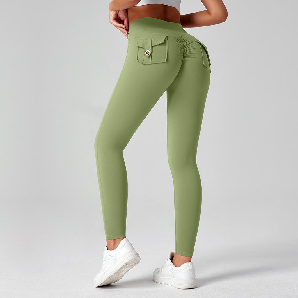 Fitness Leggings With Pocket Sports Yoga Pants Scrunch Buttons Peach Hips Workflow High Waist Running Gym Tights Women
