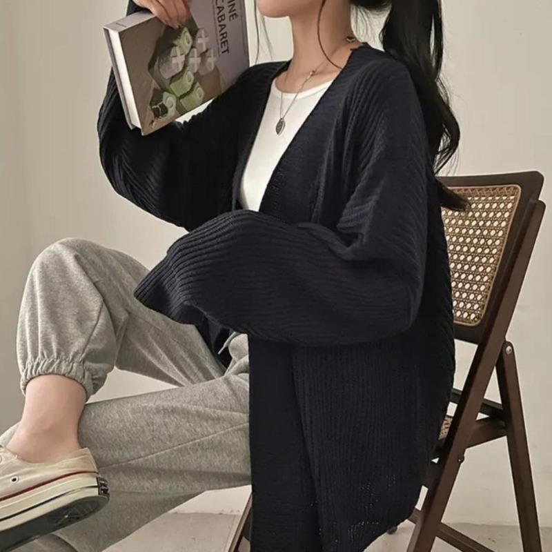 

Корейський шикарний осінньо-зимовий простий однотонний лінивий вільний повсякденний універсальний светр куртка жіночий в язаний кардиган one size чорний