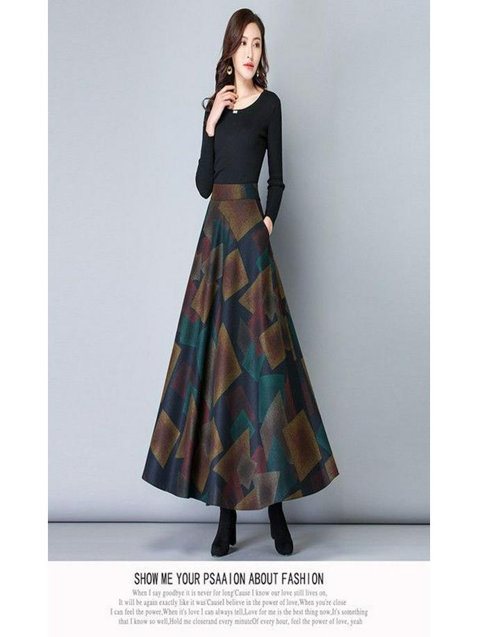 Four Seasons 2025 Women's High Waist A-Line Midi Skirt - Slimming Flare Design