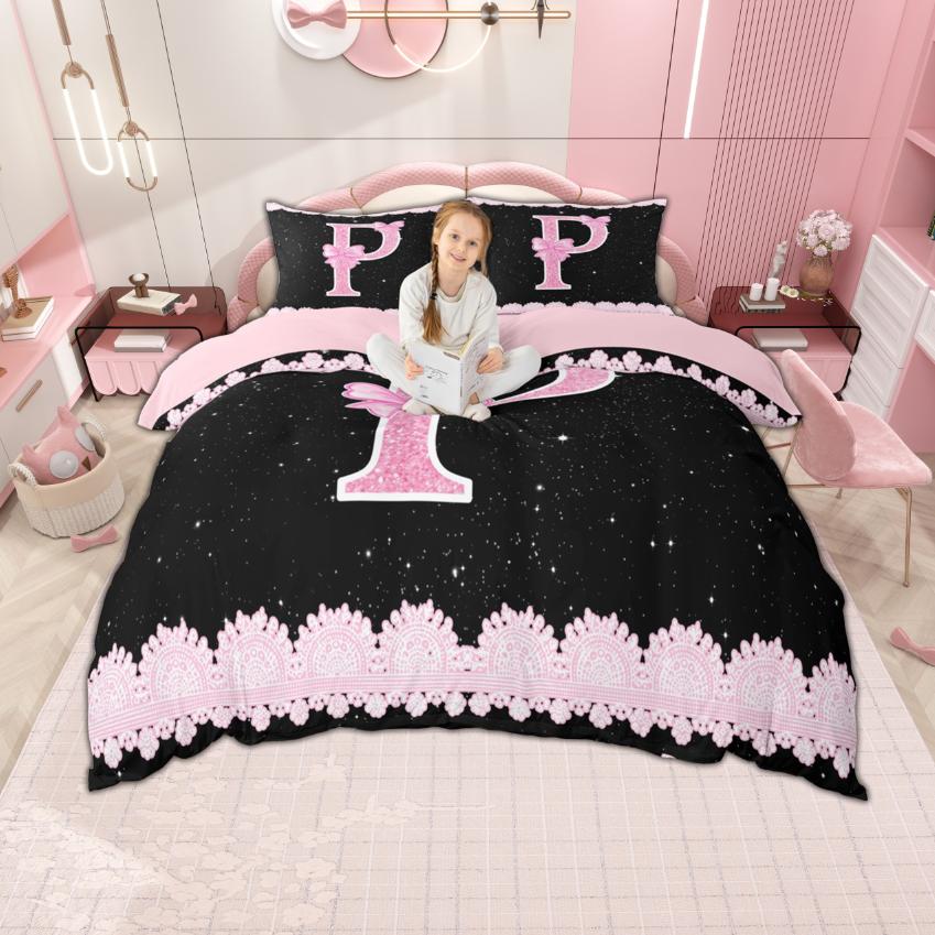 Homewish Personalized Initial M To Z Duvet Cover Set For Girl Black Pink Bedding Set Monogrammed Theme Bedroom Set Room Decor