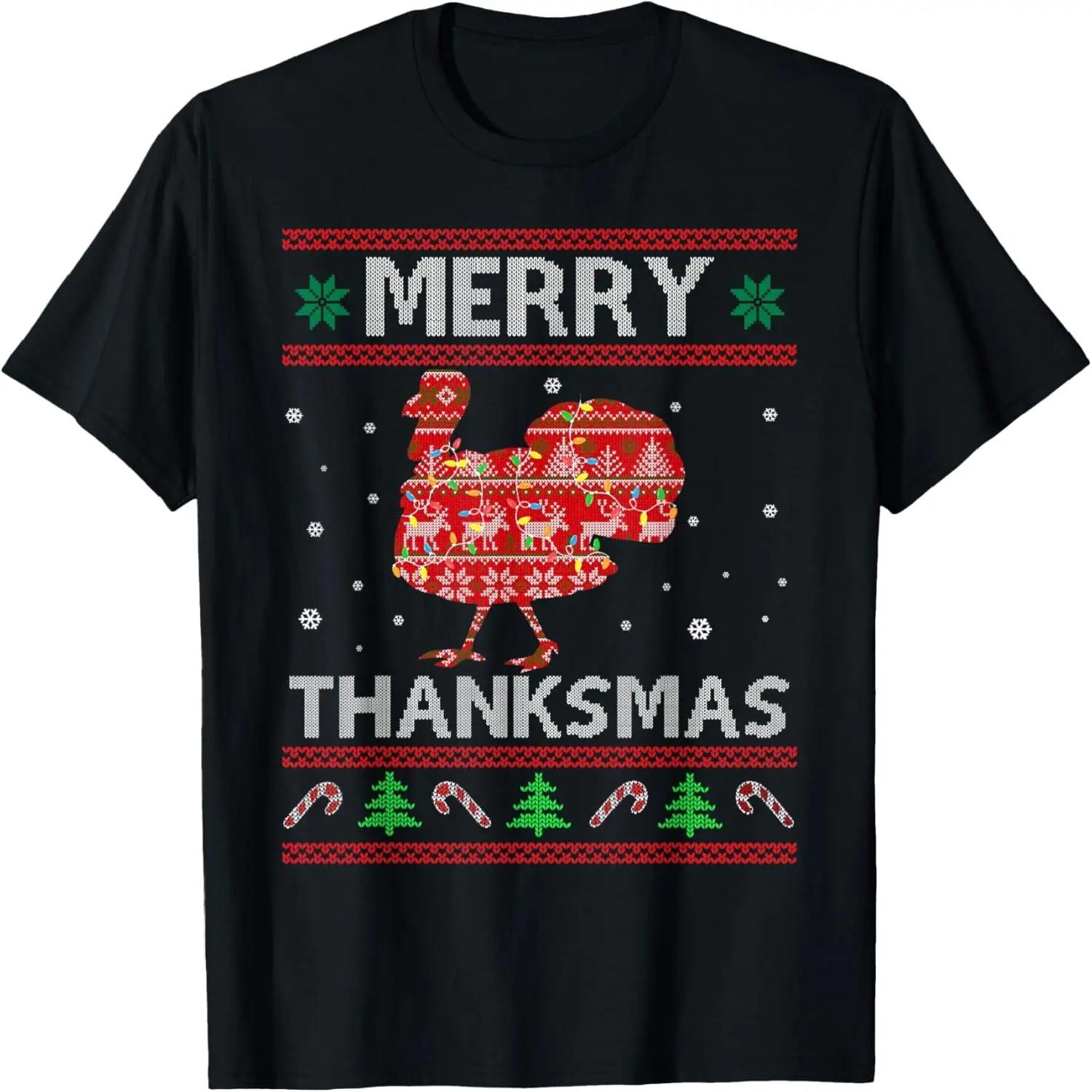 Merry Thanksmas Christmas Thanksgiving Funny Turkey Santa T-Shirt S чёрный
