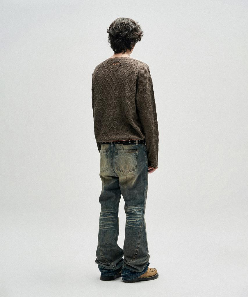 NOT4NERD Distressed Contrast Hand Stitch Knit - Khaki