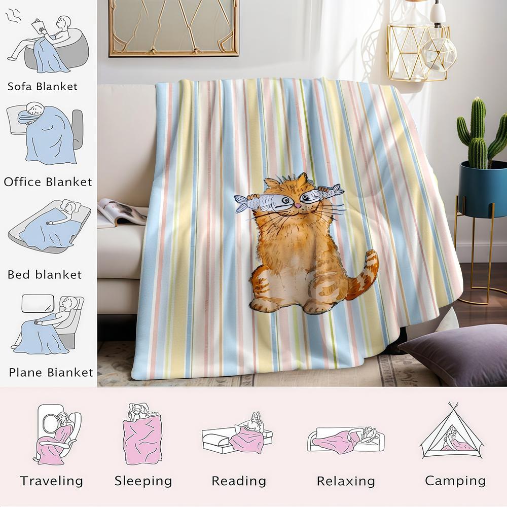 Cat With Fish Flannel Blanket Warm Soft Halloween Christmas Couch Warm Cozy Decorative Decor Gift For All Season