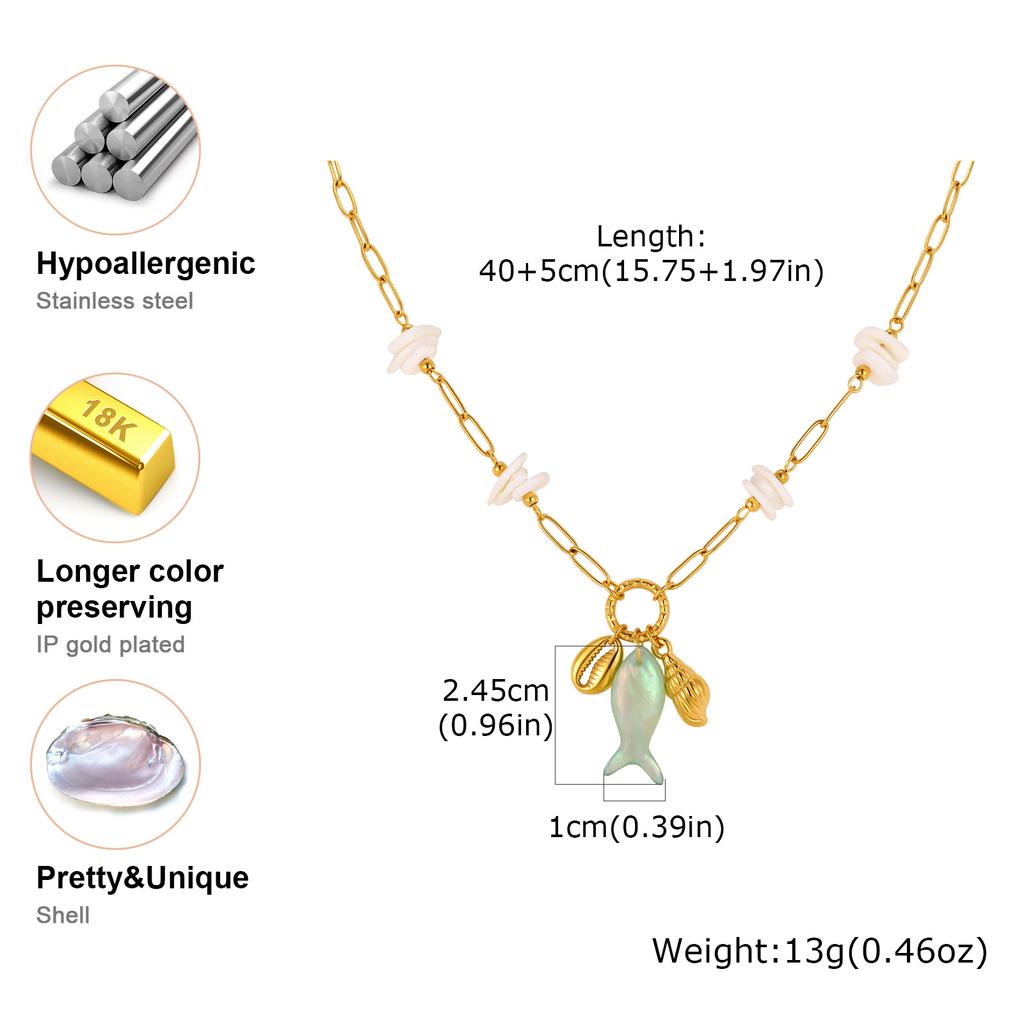 Stainless Steel Paperclip Chain Necklace for Women,Ocean Style Fish Shell And Conch Pendant Necklaces,Vintage Jewelry Gift