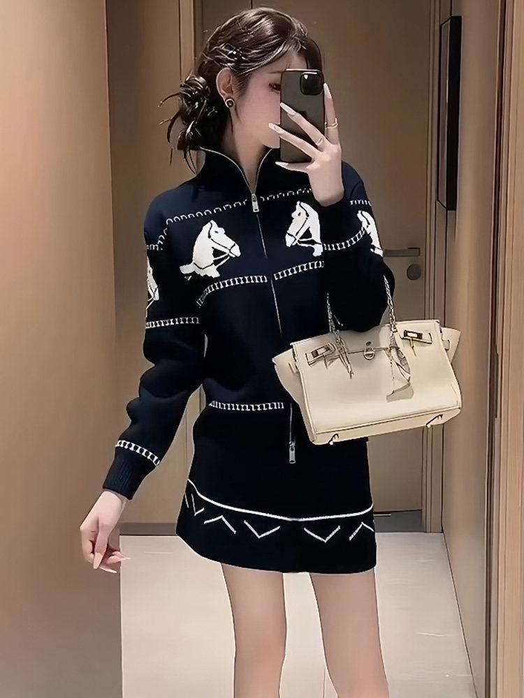 

Women s Black Jacquard Knitwear Set: Winter Top and Skirt Two-Piece, Japanese-Korean Casual. Extra Large