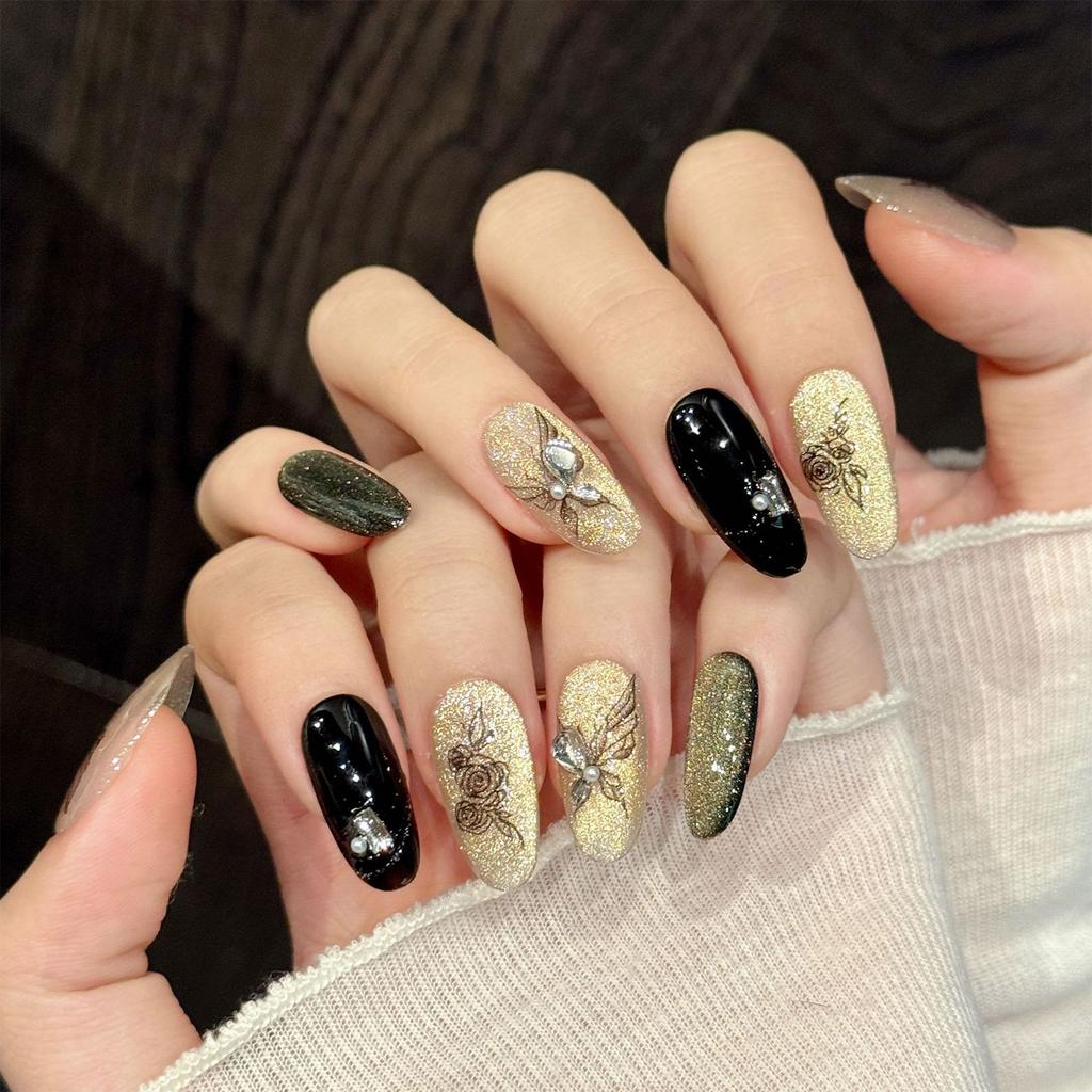 10pcs Gold Black False Nails with Rhinestone Decor Delicate Rose Butterfly Press On Nails For Gothic Party Wedding Photography