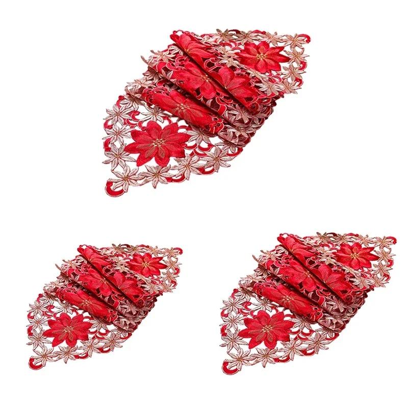Christmas Table Runner, Poinsettia Holly Leaf Embroidered Table Linens For Christmas Decorations