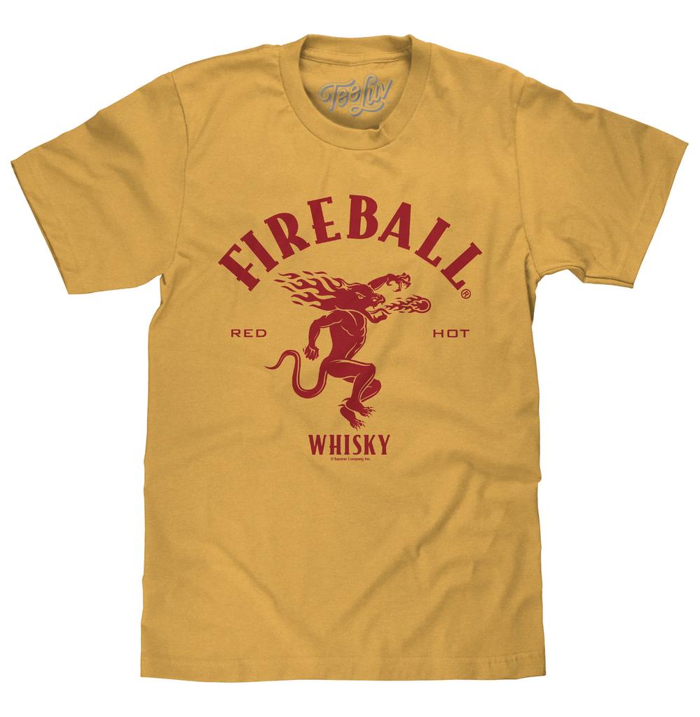 Fireball Whisky Red Hot Dragon Logo Mens T Shirt Mustard Yellow