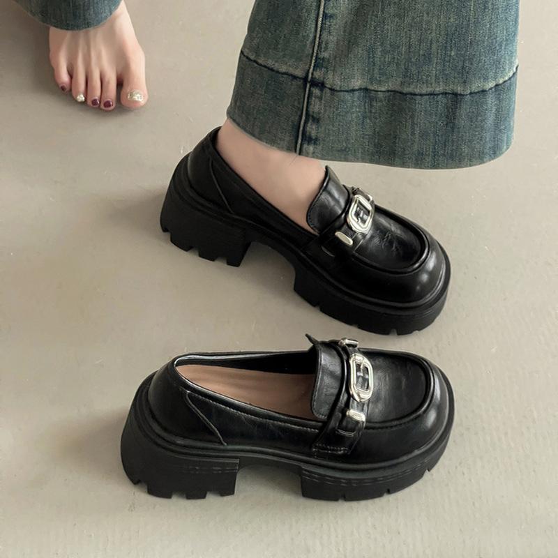 Retro Belt Buckle Loafers Women's Autumn Fashion Thick Heel Round Head Mary Jane Shoes Classic Temperament Single Shoes Small Leather Shoes