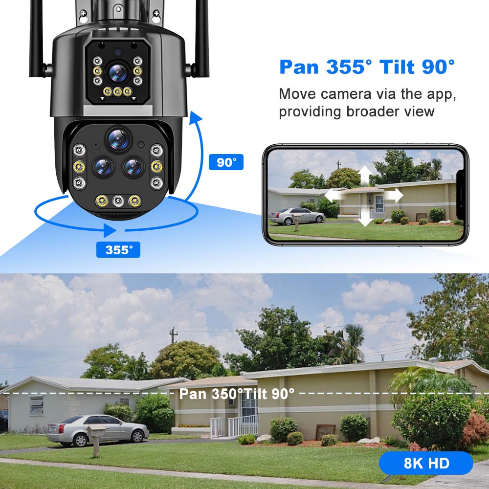 8K 16MP WiFi IP 20X Zoom PTZ Outdoor Wireless Security Camera Four Lens CCTV Cam 4K Video Surveillance Cameras Smart Home