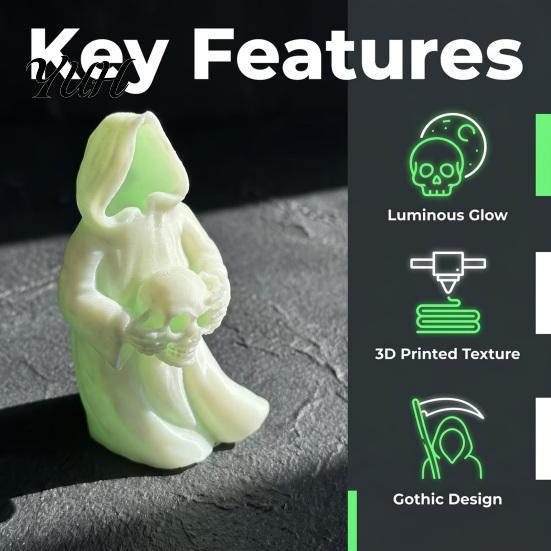 Desktop Scary Decor 3D Printed Glow In The Dark Skull Ornament, Gothic Hooded Ghost Statue Luminous Spooky Figurine for Halloween Decoration,