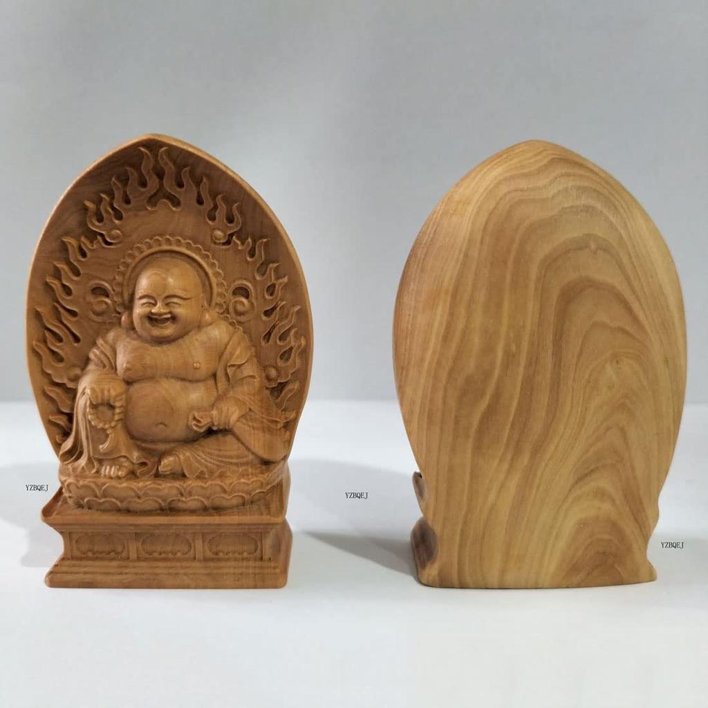 Mini Hotei Buddha Statue, Seven Lucky Gods Figurine, Premium Boxwood Wood Carving (7cm H x 4.5cm W x 2cm D)