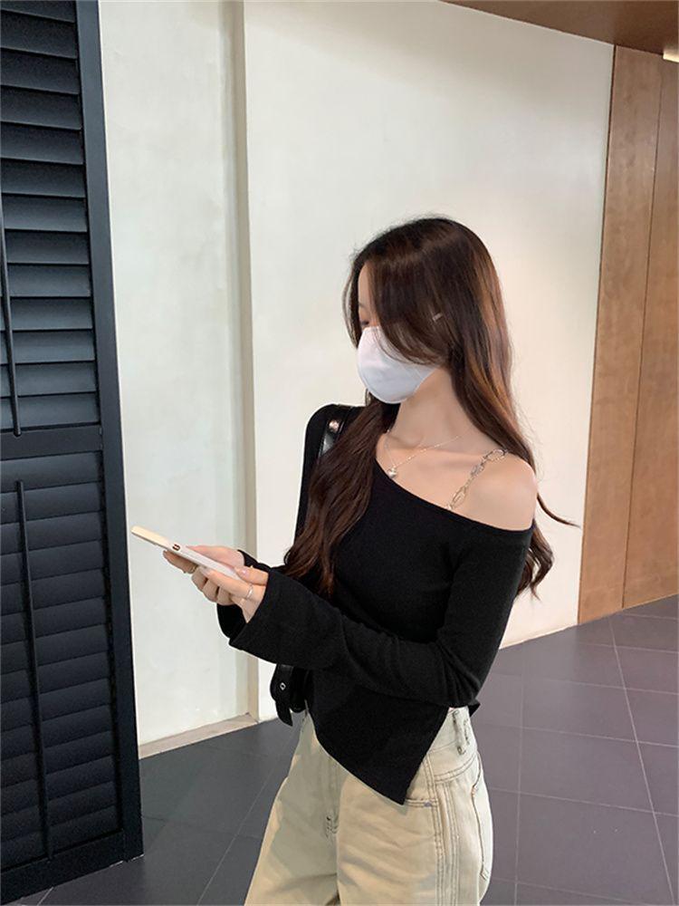Women's Black Long-Sleeve 2025 One-Shoulder Top - Chic Autumn/Winter Design