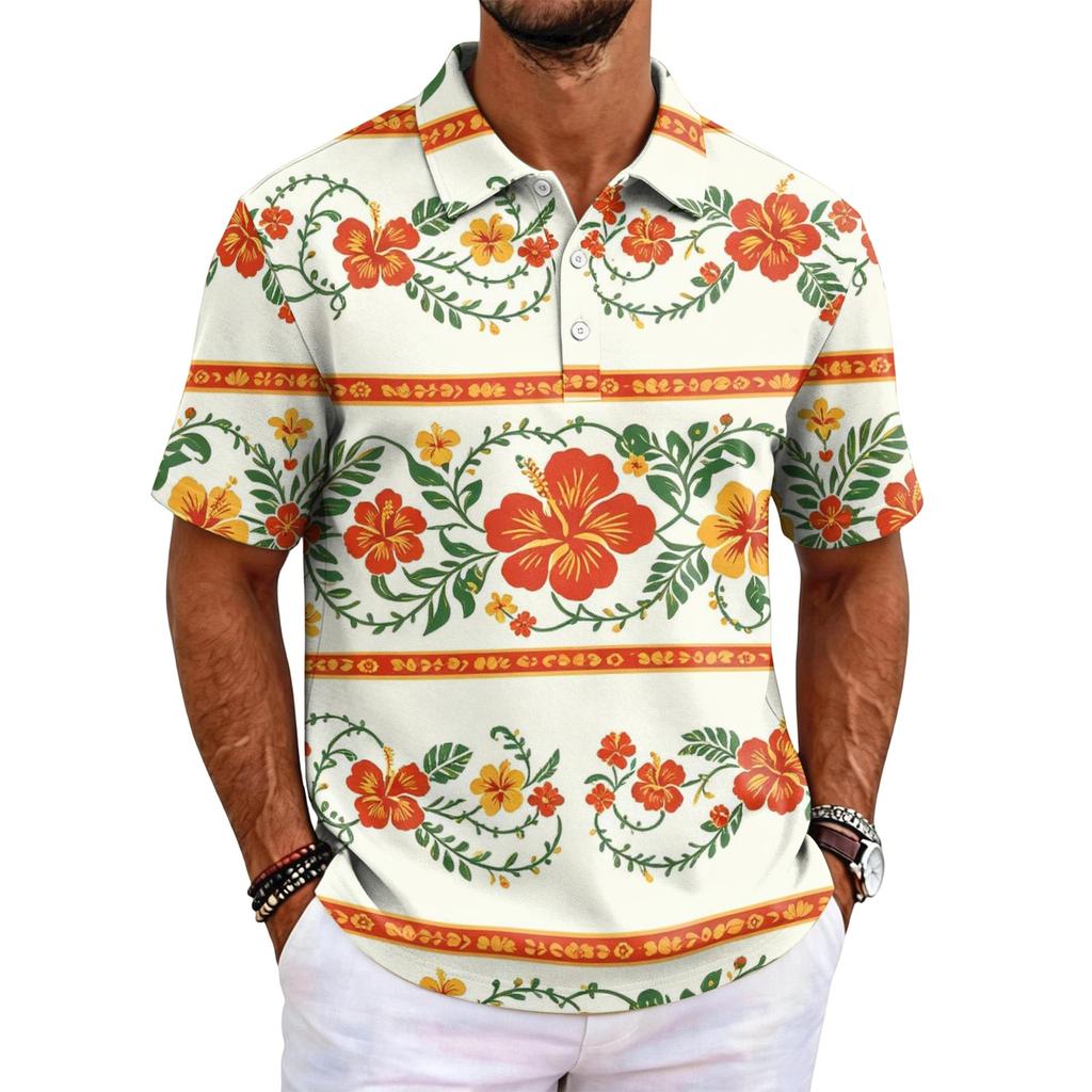 Men's Polo Shirt Short Sleeve Relaxed Fit Casual Top with Hawaiian Style Print and Lightweight Fabric for Daily Wear